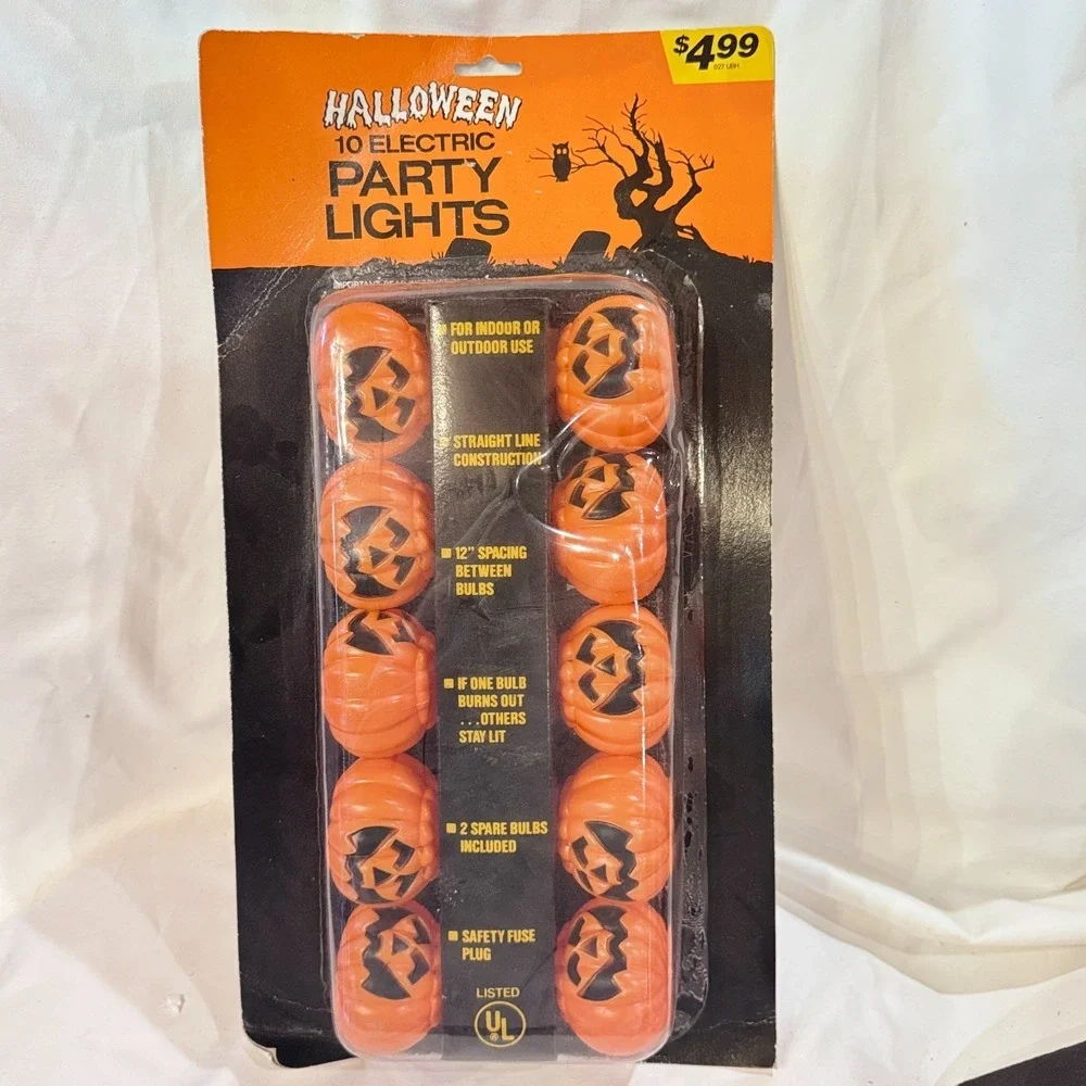 Vtg Halloween Jack O Lantern Pumpkin String Lights Blow Mold Set of 10 NEW